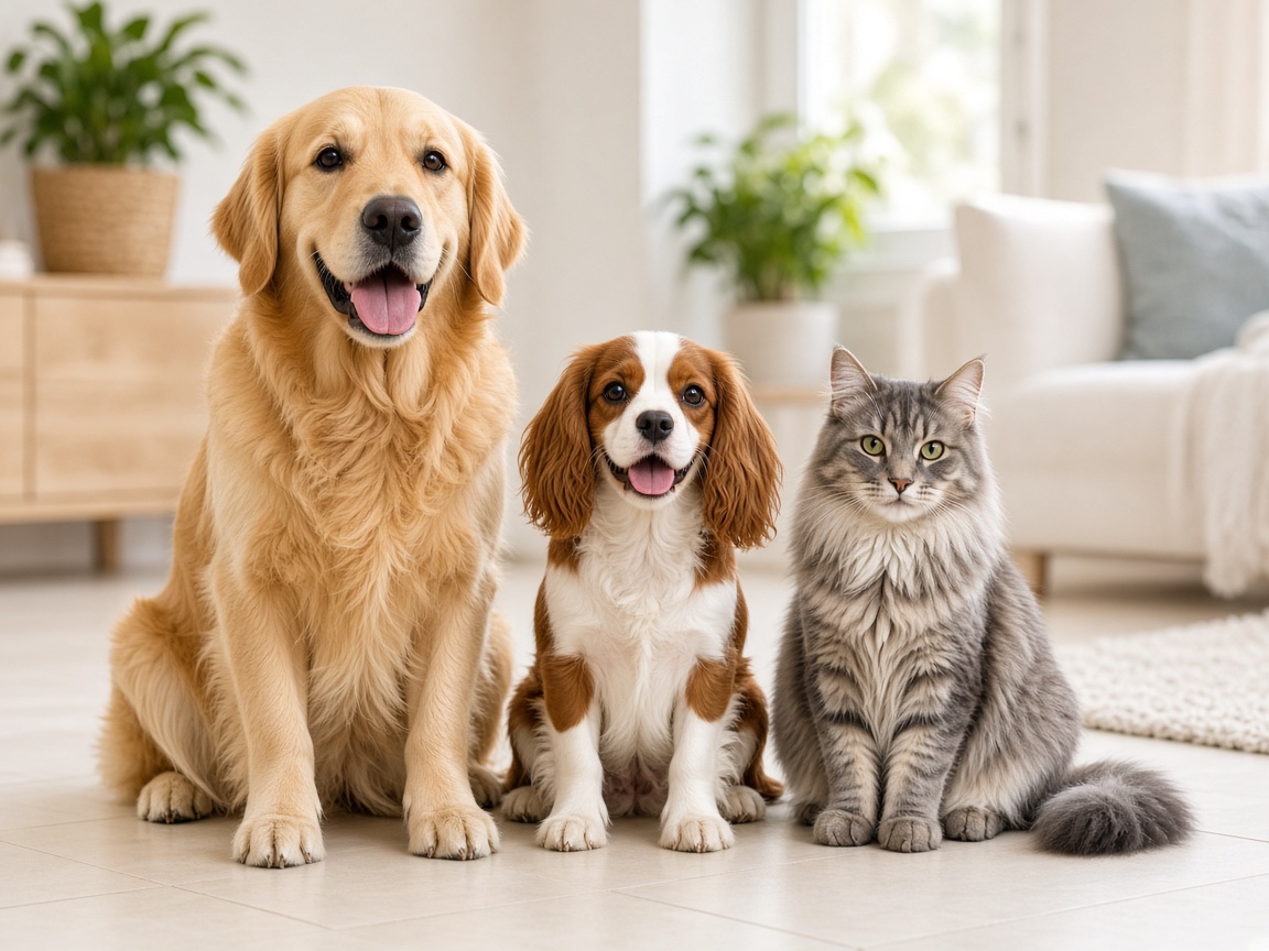 Two happy dogs and a cat in a clean home, representing the local animal charities we support